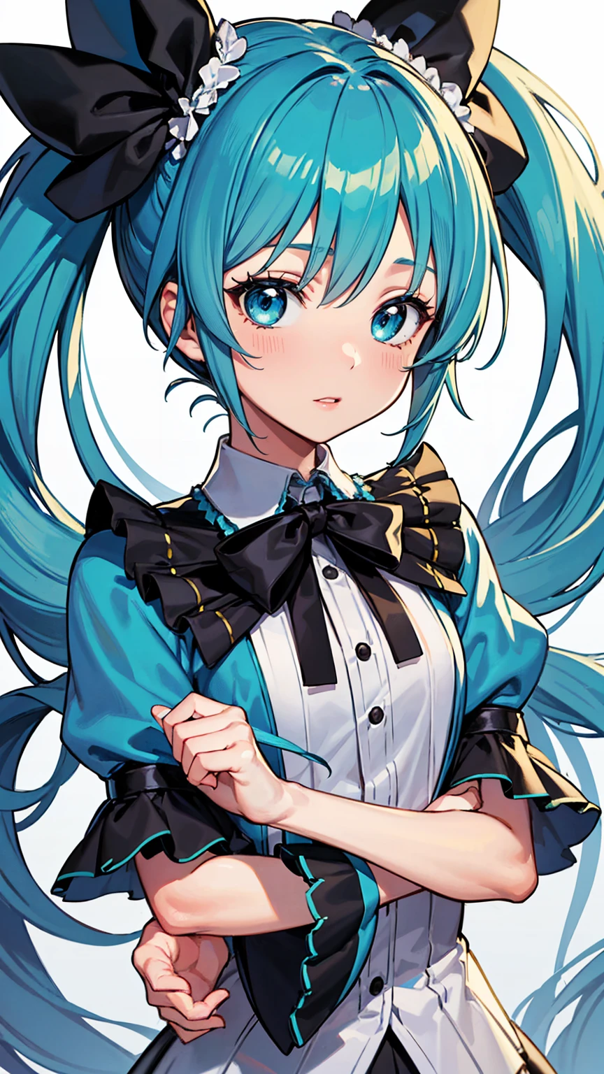 Hatsune Miku VOCALOID, One girl, masterpiece, Highest quality, 8K, Detailed skin texture, Detailed cloth texture, Beautifully detailed face, Intricate details, Super detailed, Alice in Wonderland, (A ribbon on her head:1.1), Upper Body