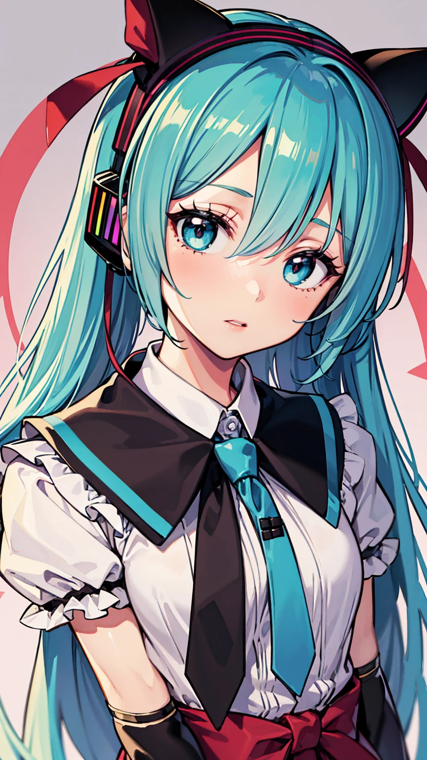 Hatsune Miku VOCALOID, One girl, masterpiece, Highest quality, 8K, Detailed skin texture, Detailed cloth texture, Beautifully detailed face, Intricate details, Super detailed, Alice in Wonderland, (A ribbon on her head:1.1), Upper Body