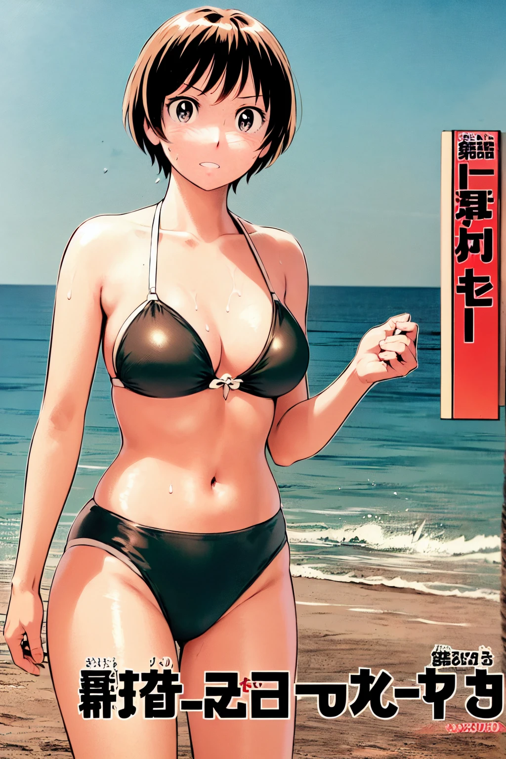 、(masterpiece、Highest quality)、Highest quality, Ultra-high resolution, (((masterpiece))), alone, Sweat、Big eyes, Composition from the front、Shortcuts、Embarrassed face、Bronze colored hair、Cut your hair short、Ocean、Beach、Black Micro Bikini、belly button、short hair、(Bronze colored hair)