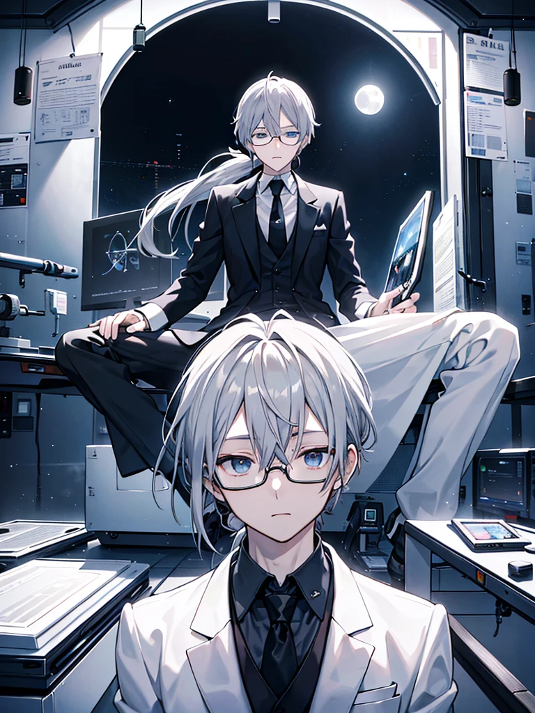 (Mastepiece)(High definition)Male android in his 20s、Gray Hair、ponytail、hat、Tuxedo、tie、Wearing round rimless glasses、Sitting、background(A science fiction-like electronic world、A space that feels like the inside of a machine、Virtual space、Near future、I can see the full moon outside my window)