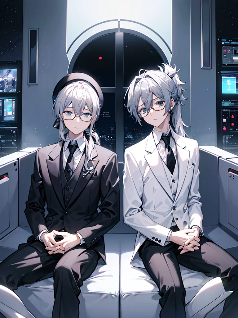 (Mastepiece)(High definition)Male android in his 20s、Gray Hair、ponytail、hat、Tuxedo、tie、Wearing round rimless glasses、Sitting、background(A science fiction-like electronic world、A space that feels like the inside of a machine、Virtual space、Near future、I can see the full moon outside my window)