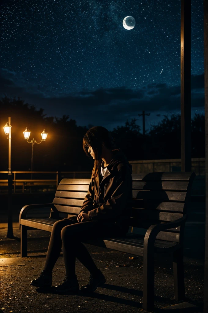 Anime sitting In a bench darkish Night mysterious vibe