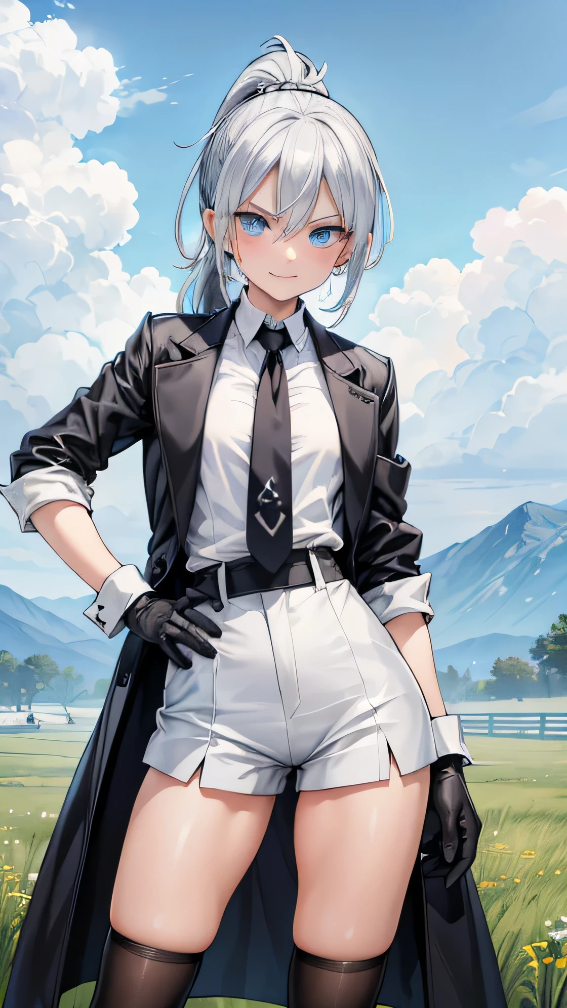 Adult features　tall　Light blue eyes　Gray Hair　ponytail　Slit eyes　laugh at　Glare　frivolous attitude　Evil Face　White shirt　No tie　Black hot pants　Black long gloves　Black knee socks　coat　Place your right hand on your hip　grassland　looking at the camera