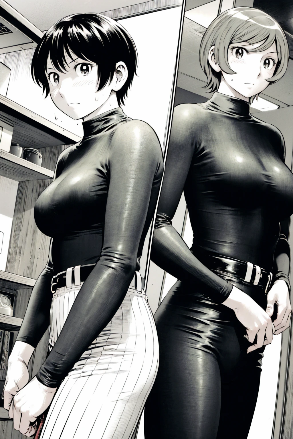 、(masterpiece、Highest quality)、Highest quality, Ultra-high resolution, (((masterpiece))), alone, Sweat、Big eyes,Tight black shirt、Tight white pants、belt、indoor、Composition from the front、(Cut the back hair short、short hair、blonde、woman)、Shortcuts、Embarrassed face、Cut your hair short、可愛いwomanの子、Big Breasts、office