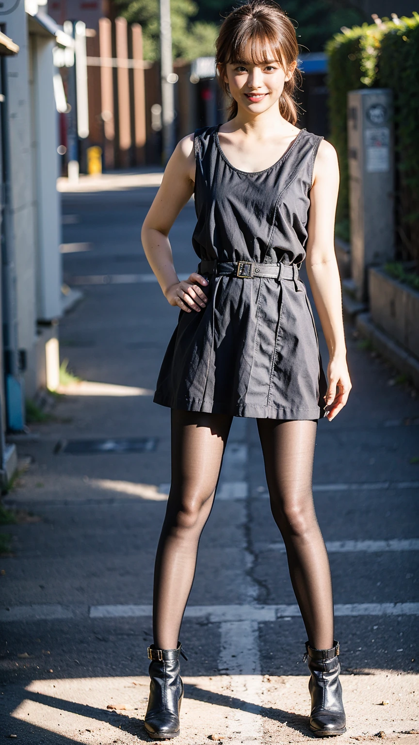 8K、RAW photo、Highest quality、masterpiece: 1.2)、(Realistic、Realistic)、1 Girl、((sheer tank top、smile、Thin legs、full body、boots、pantyhose、garden、View from the front、Looking at the camera  、Standing with hands on hips))、cute