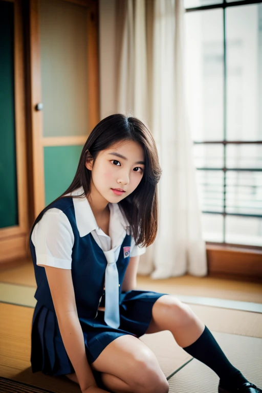 lens: 135mm f1.8,(Highest quality),(Tabletop:1.1), (Beautiful 16 year old Japanese girl), (Moist lips), Narrow eyes, double eyelid,Delicate clavicle,Flat Chest,Shortcuts,
(Let me'Let's take another look), (close:1.4), shame, A faint smile,
(Spotted sunlight:1.2), Dramatic lighting,
(School uniform removed), (Sunburned skin:0.2),Full body photo、Full Body Focus、Sitting on the floor with legs apart