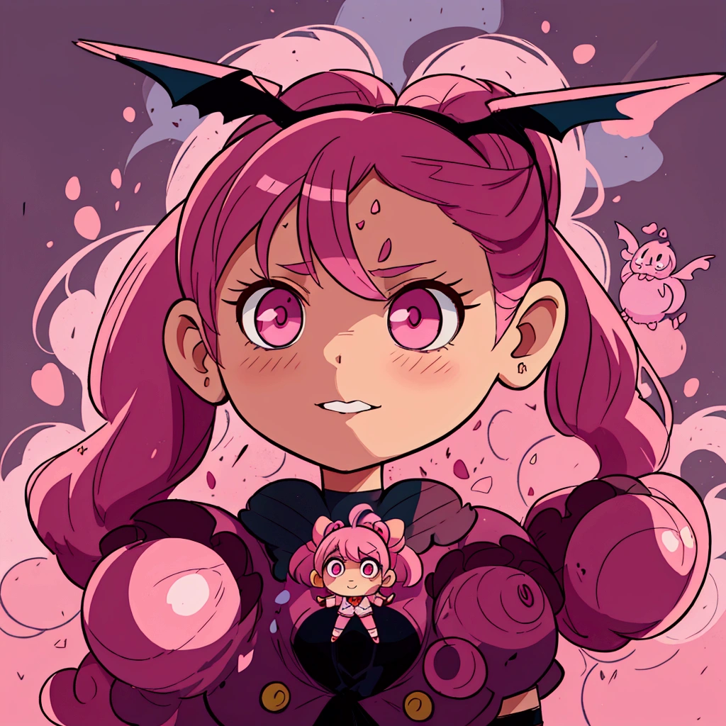 cartoon drawing of a girl with pink hair and bat wings, Coffee pits, Anime, pink hair in ponytails and pink eyes, chibi, magical girl style, chibi, portrait of a magical girl