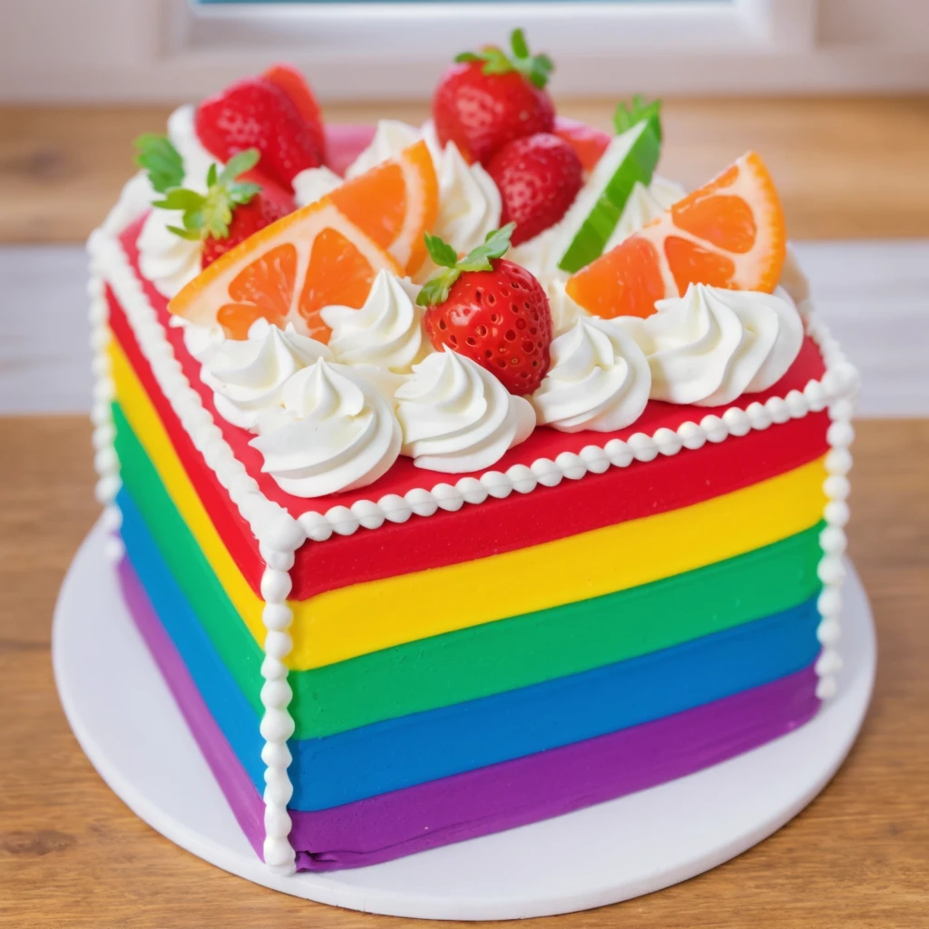 on a wooden table, on a porcelain plate, a tiny cream rainbow cake, with cream lines drawn on its edges, white cream swirls, tiny strawberries, oranges and watermelon slices made of polymer clay on the cake, window light, bright lights, soft light, window light, professional lighting, light from the window, neat light, realistic texture, realistic style, detailed texture, high quality, high resolution, high quality rendering, realistic photo, brightning light, macro photo