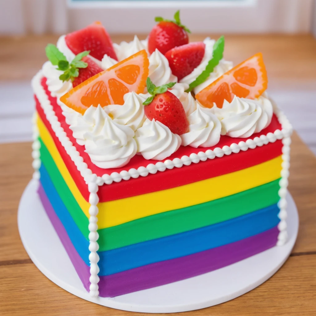 on a wooden table, on a porcelain plate, a tiny cream rainbow cake, with cream lines drawn on its edges, white cream swirls, tiny strawberries, oranges and watermelon slices made of polymer clay on the cake, window light, bright lights, soft light, window light, professional lighting, light from the window, neat light, realistic texture, realistic style, detailed texture, high quality, high resolution, high quality rendering, realistic photo, brightning light, macro photo