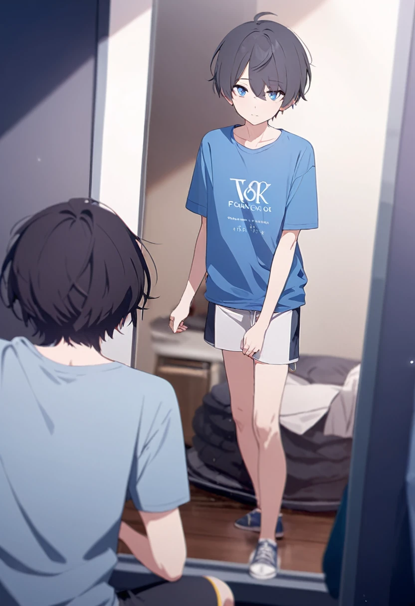 masterpiece,best quality,depth of field,8K,looking at the viewer,dark gray hair,blue eyes,male,t-shirt,shorts,studio,Looking at a full-length mirror