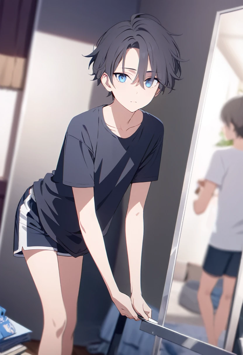 masterpiece,best quality,depth of field,8K,looking at the viewer,dark gray hair,blue eyes,male,t-shirt,shorts,studio,Looking at a full-length mirror