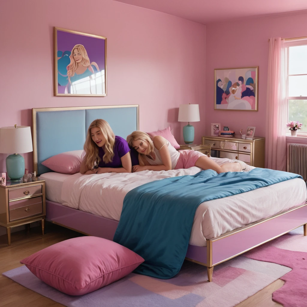 A cartoon image depicts a man and a woman in a bed. The man is wearing a belt and the woman is wearing high heels. Various pillows are scattered around the bed, with one pink pillow next to the woman. The woman has long blonde hair and is laying down on the bed. In the background, there is a mirror reflecting the scene. The overall color scheme includes shades of pink, purple, and blue. The woman appears to be young, around 22 years old, and the image conveys a sense of intimacy and playfulness between the couple. The text on the image reads "Am I doing it right? Harder. patreon.com/stahlberg".