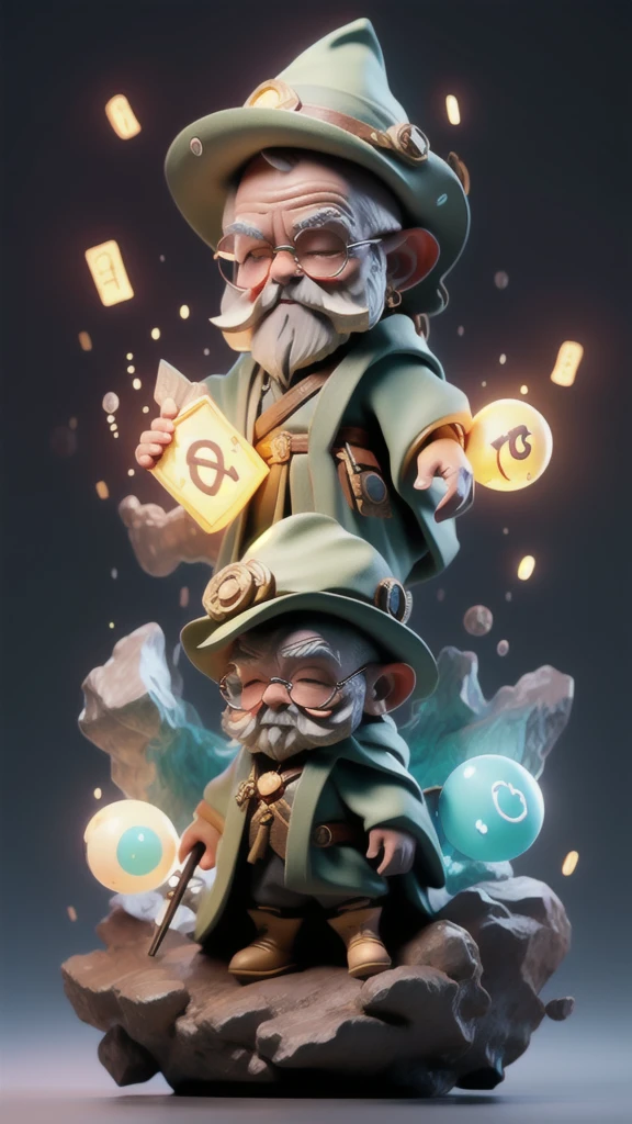 leage os legends style, a character named Lector, who is a wise old man with a magical floating book and a staff adorned with glowing runes. He wears a pointed hat and a robe covered in patches of letters and numbers. Lector specializes in manipulating the battlefield with spells of learning and intellectual growth, aiding allies and weakening enemies with his knowledge.
