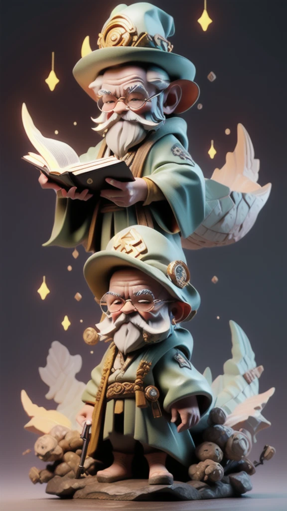 leage os legends style, a character named Lector, who is a wise old man with a magical floating book and a staff adorned with glowing runes. He wears a pointed hat and a robe covered in patches of letters and numbers. Lector specializes in manipulating the battlefield with spells of learning and intellectual growth, aiding allies and weakening enemies with his knowledge.
