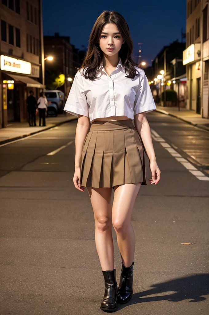 ((super high quality、High resolution、masterpiece、 Anatomically correct、Super detailed photos、Ultra-realistic photos、 Highest quality))、(1girl)、looking at viewer、Night cityscape、Uninhabited abandoned building、Walk over here、(cowboy shot)、(school uniform:1.2)、white formal shirt、((from front))、(huge breast)、Small waist、Detailed face、Perfect figure、Brown Hair、Medium Hair