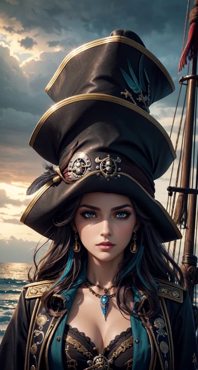 beautiful female pirate with hat, pirate captain, detailed face, beautiful eyes, full lips, long eyelashes, ornate pirate hat, feather in hat, intricate pirate outfit, embroidered coat, shiny jewelry, holding sword, stormy sea background, dramatic lighting, cinematic, vibrant colors, highly detailed, photorealistic