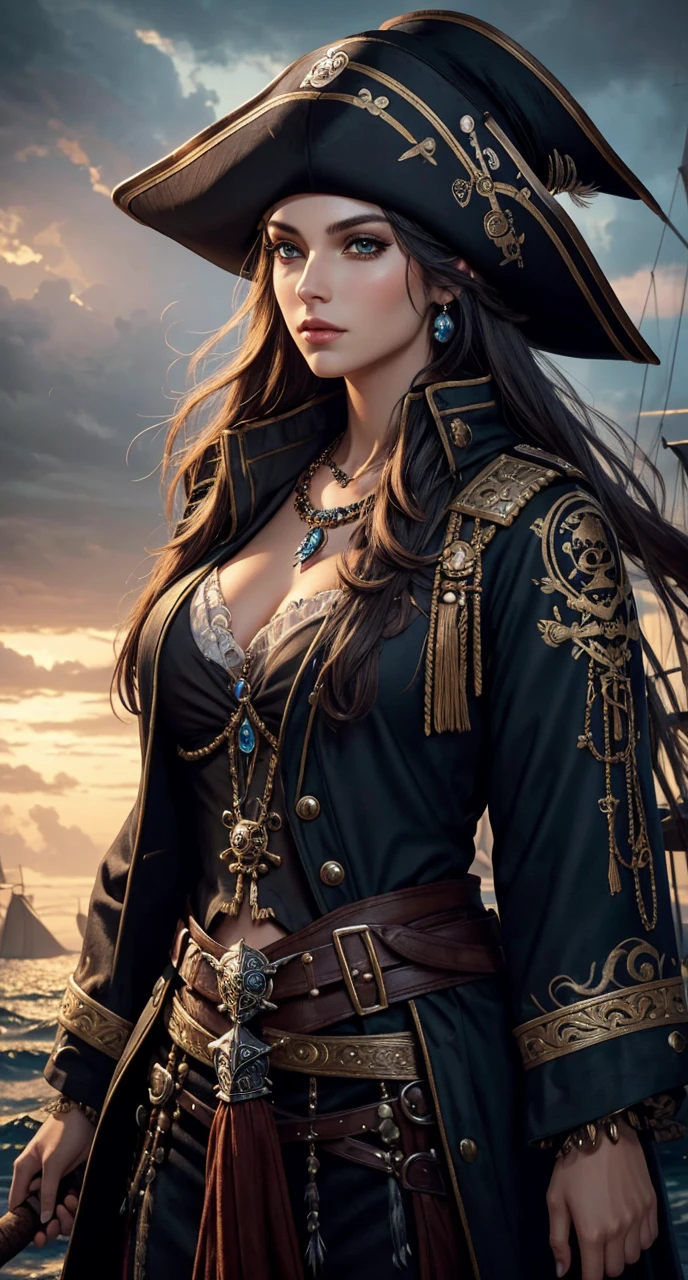 beautiful female pirate with hat, pirate captain, detailed face, beautiful eyes, full lips, long eyelashes, ornate pirate hat, feather in hat, intricate pirate outfit, embroidered coat, shiny jewelry, holding sword, stormy sea background, dramatic lighting, cinematic, vibrant colors, highly detailed, photorealistic