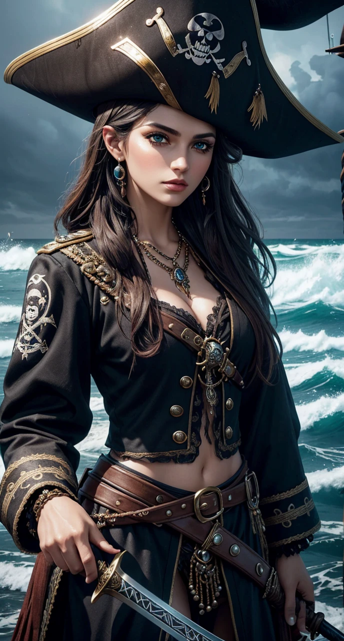 beautiful female pirate with hat, pirate captain, detailed face, beautiful eyes, full lips, long eyelashes, ornate pirate hat, feather in hat, intricate pirate outfit, embroidered coat, shiny jewelry, holding sword, stormy sea background, dramatic lighting, cinematic, vibrant colors, highly detailed, photorealistic