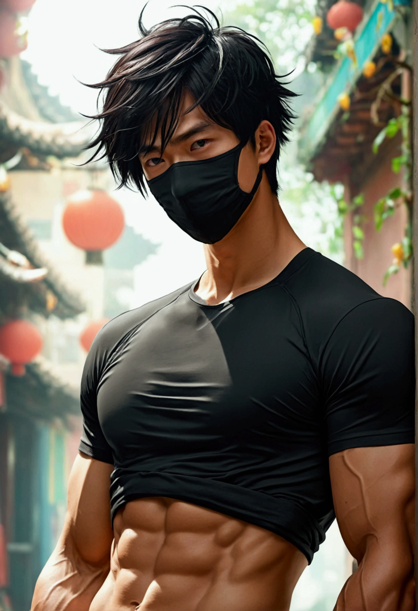 Asian guy ,8K images,realistically,Wear a tight sports t-shirt.,Have muscles,Wear a mask to cover your face.