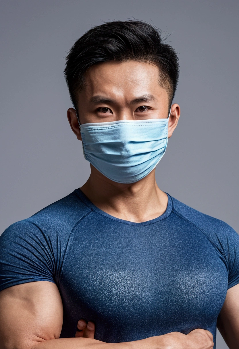 Asian guy ,8K images,realistically,Wear a tight sports t-shirt.,Have muscles,Wear a mask to cover your face.
