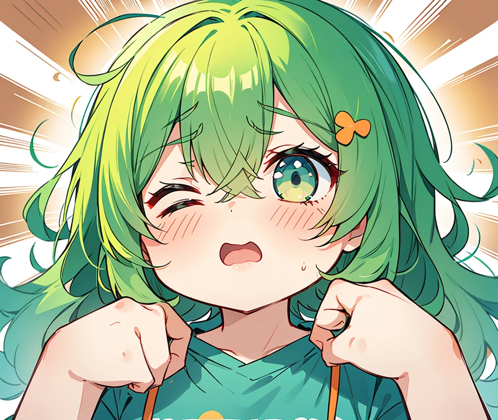 Eyes closed、Surprised、only 1 girl、she is dizzy、Tired look、melancholy、Ahegao、Medium Bob Hair、Swirls in the eyes、Feeling dizzy、Trance state、Mouth half open、Perm Hair、Messy Hair、Ungroomed hair、Very messy hair、Green Hair、Oversized orange sweatshirt