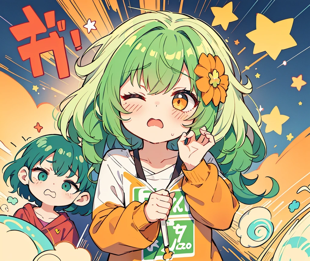 Eyes closed、Surprised、only 1 girl、she is dizzy、Tired look、melancholy、Ahegao、Medium Bob Hair、Swirls in the eyes、Feeling dizzy、Trance state、Mouth half open、Perm Hair、Messy Hair、Ungroomed hair、Very messy hair、Green Hair、Oversized orange sweatshirt