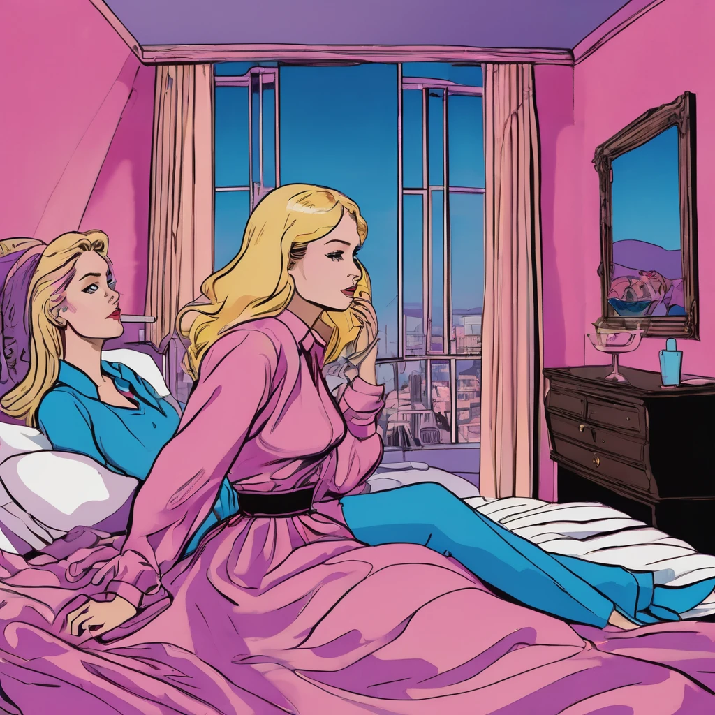A cartoon image depicts a man and a woman in a bed. The man is wearing a belt and the woman is wearing high heels. Various pillows are scattered around the bed, with one pink pillow next to the woman. The woman has long blonde hair and is laying down on the bed. In the background, there is a mirror reflecting the scene. The overall color scheme includes shades of pink, purple, and blue. The woman appears to be young, around 22 years old, and the image conveys a sense of intimacy and playfulness between the couple. The text on the image reads "Am I doing it right? Harder. patreon.com/stahlberg".