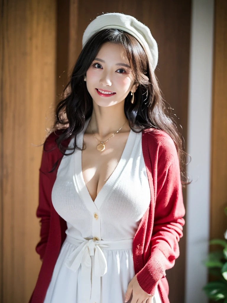 1 girl, national foundation, (hotel background), ((32k, raw, masterpiece: 1.5)), (Professional photography, sharp:1.2), Perfect dynamic composition, (Natural sun light), (soft shadow), (((voluptuous figure))), ((huge round breasts: 1.2)), (((((black long curly hair))))), Ultra-detailed faces and skin, perfect asian, White skin, (Delicate skin:1.4), (latex skin:0.4), (perfect glowing skin:0.6), light brown eyes, beautiful eyes, round eyes, pretty face, blush, glossy lips, glossy eyes, Perfectly proportioned face, Really moist skin, Refined expression, (((huge smile at the camera))), looking at camera, Refined expression, Elegant necklace, Elegant earrings, minimalist, kato megumi, solo, cosplay, white hat, frills thighhighs, dress, cardigan, skirt, long sleeves, blue neck ribbon, beret, headwear, open cardigan, red cardigan, frilled trim, loafers,