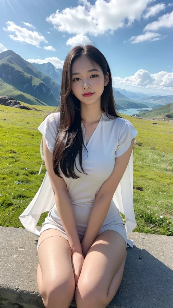 ((best quality, 8K, masterpiece:1.3)), Beautiful 18 year old woman, pure, egg shaped face, gentle and cute, To go on a diet, (frontal lobe), (tilted head), looking directly at the camera, [separated sleeves::0], [collar shirt::0], [cropped pants::0], black, soft, long, straight hair, long hair shawl, big, round, black eye, 또렷한 big 눈, moist red lips, sweet smile, seat, with hands on knees, blue sky and white clouds, sunlight, grassland, Mountain Summit, northern view of Tibetan grassland，expose one&#39;s breasts,huge breasts,expose one&#39;s breasts,huge breasts,expose one&#39;s breasts,huge breasts,expose one&#39;s breasts,huge breasts,expose one&#39;s breasts,huge breasts,치마를 노출하다 치마를 올리다 최고의 피부 장원영 얼굴 엄청 짧은 크롭티  big 가슴 부드러운 가슴 가슴을 만지다