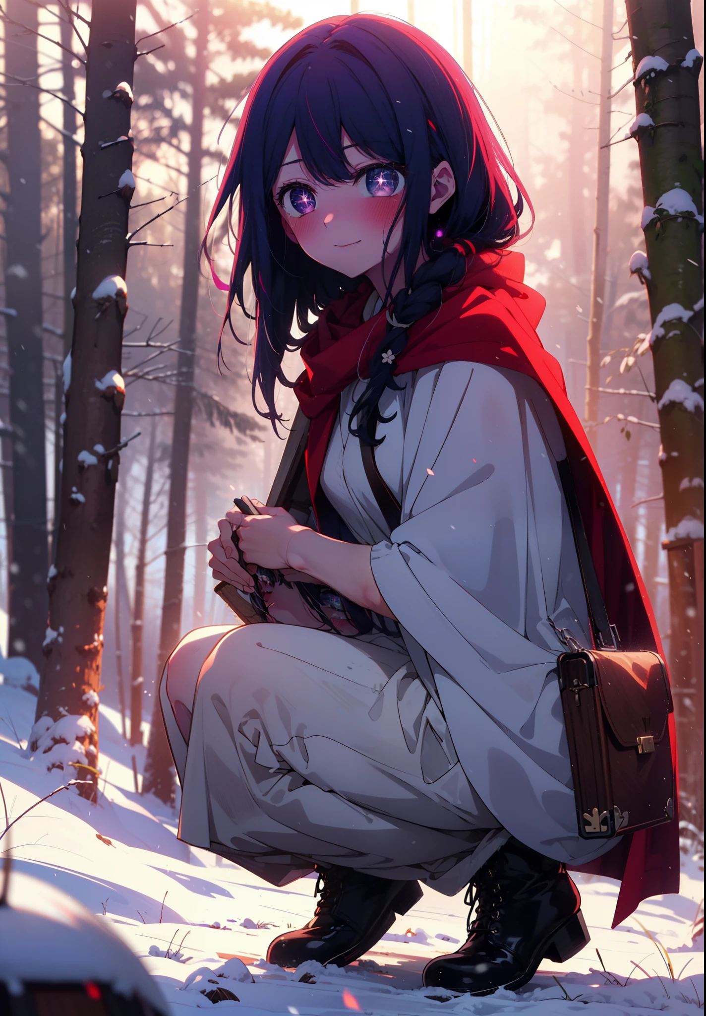 aihoshino, Ai Hoshino, Long Hair, bangs, (Purple eyes:1.1), Purple Hair, (Symbol-shaped pupil:1.5), smile,,smile,blush,White Breath,
Open your mouth,snow,Ground bonfire, Outdoor, boots, snowing, From the side, wood, suitcase, Cape, Blurred, , forest, White handbag, nature, Squat, Mouth closed, Cape, winter, Written boundary depth, Black shoes, red Cape break looking at viewer, Upper Body, whole body, break Outdoor, forest, nature, break (masterpiece:1.2), Highest quality, High resolution, unity 8k wallpaper, (shape:0.8), (Beautiful and beautiful eyes:1.6), Highly detailed face, Perfect lighting, Extremely detailed CG, (Perfect hands, Perfect Anatomy),