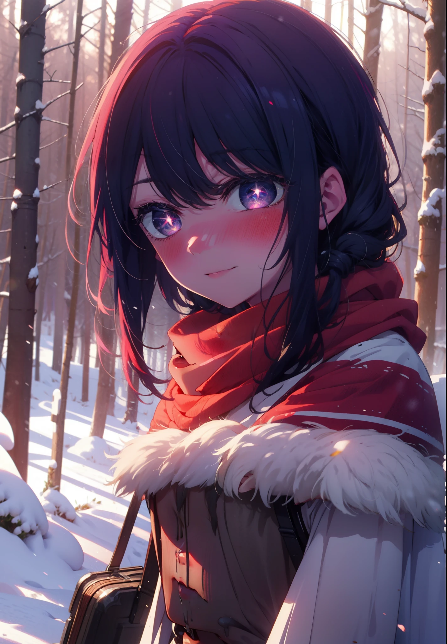 aihoshino, Ai Hoshino, Long Hair, bangs, (Purple eyes:1.1), Purple Hair, (Symbol-shaped pupil:1.5), smile,,smile,blush,White Breath,
Open your mouth,snow,Ground bonfire, Outdoor, boots, snowing, From the side, wood, suitcase, Cape, Blurred, , forest, White handbag, nature, Squat, Mouth closed, Cape, winter, Written boundary depth, Black shoes, red Cape break looking at viewer, Upper Body, whole body, break Outdoor, forest, nature, break (masterpiece:1.2), Highest quality, High resolution, unity 8k wallpaper, (shape:0.8), (Beautiful and beautiful eyes:1.6), Highly detailed face, Perfect lighting, Extremely detailed CG, (Perfect hands, Perfect Anatomy),