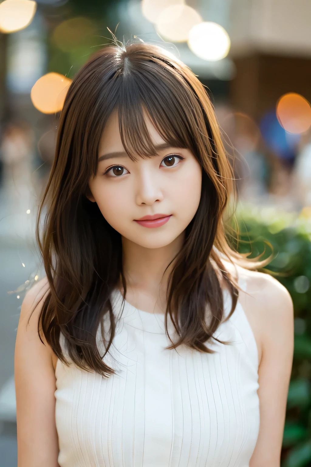 Highest quality, Focus on the eyes, Soft Light, Use a reflector to brighten your face, (Depth of written boundary) ,Ultra-high resolution, (Realistic:1.4), RAW Photos, (Bokeh:1.4), One girl, Japanese women, so beautiful, Nogizaka46, Female Idols, Very beautiful, alone, cute, (Laugh shyly:1.3), round and large eyes, Droopy eyes, Medium sized breasts, Brown Hair, Small nostrils, (View your viewers:1.2),