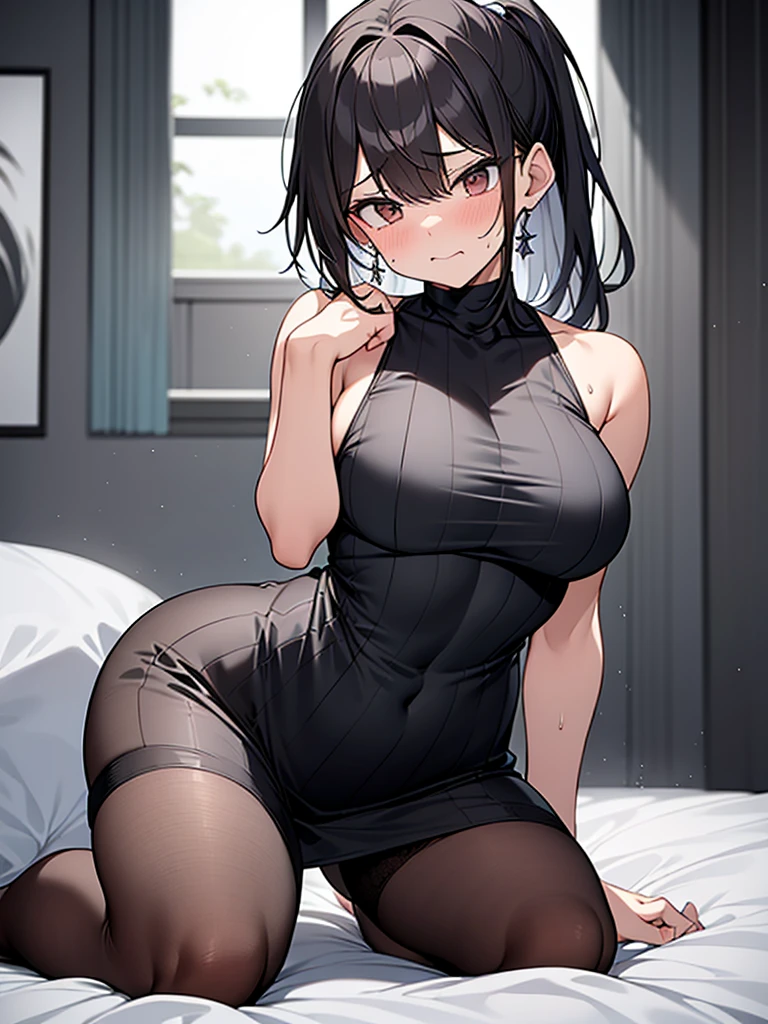 NSFW:3.6 Full Body View、Black sleeveless vertical striped shirt:1.3 1 female 1 male、Cowgirl sex with a slim muscular man:1.3. Excitement, sweating, flushing), (Night, dark room, apartment room, lying on a white bed, troubled face, crying face)、 (Black hair, medium length, ponytail, straight hair, bangs swept to the side:1.9 Slanted eyes Brown eyes Tall Big breasts Strong Beautiful Cute) 、