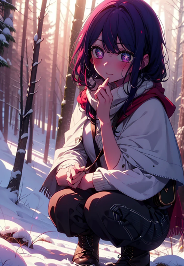 aihoshino, Ai Hoshino, Long Hair, bangs, (Purple eyes:1.1), Purple Hair, (Symbol-shaped pupil:1.5), smile,,smile,blush,White Breath,
Open your mouth,snow,Ground bonfire, Outdoor, boots, snowing, From the side, wood, suitcase, Cape, Blurred, , forest, White handbag, nature,  Squat, Mouth closed, Cape, winter, Written boundary depth, Black shoes, red Cape break looking at viewer, Upper Body, whole body, break Outdoor, forest, nature, break (masterpiece:1.2), Highest quality, High resolution, unity 8k wallpaper, (shape:0.8), (Beautiful and beautiful eyes:1.6), Highly detailed face, Perfect lighting, Extremely detailed CG, (Perfect hands, Perfect Anatomy),