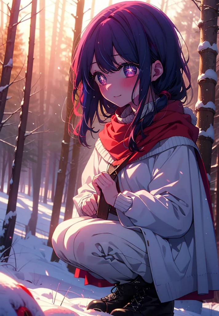 aihoshino, Ai Hoshino, Long Hair, bangs, (Purple eyes:1.1), Purple Hair, (Symbol-shaped pupil:1.5), smile,,smile,blush,White Breath,
Open your mouth,snow,Ground bonfire, Outdoor, boots, snowing, From the side, wood, suitcase, Cape, Blurred, , forest, White handbag, nature, Squat, Mouth closed, Cape, winter, Written boundary depth, Black shoes, red Cape break looking at viewer, Upper Body, whole body, break Outdoor, forest, nature, break (masterpiece:1.2), Highest quality, High resolution, unity 8k wallpaper, (shape:0.8), (Beautiful and beautiful eyes:1.6), Highly detailed face, Perfect lighting, Extremely detailed CG, (Perfect hands, Perfect Anatomy),