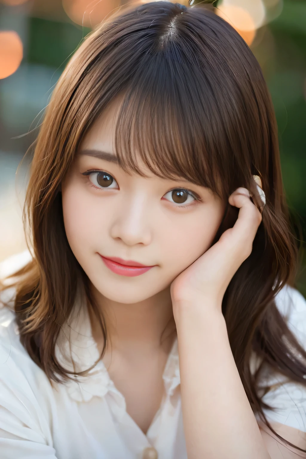 Highest quality, Focus on the eyes, Soft Light, Use a reflector to brighten your face, (Depth of written boundary) ,Ultra-high resolution, (Realistic:1.4), RAW Photos, (Bokeh:1.4), One girl, Japanese women, so beautiful, Nogizaka46, Female Idols, Very beautiful, alone, cute, (Laugh shyly:1.3), round and large eyes, Droopy eyes, Medium sized breasts, Brown Hair, Small nostrils, (View your viewers:1.2),