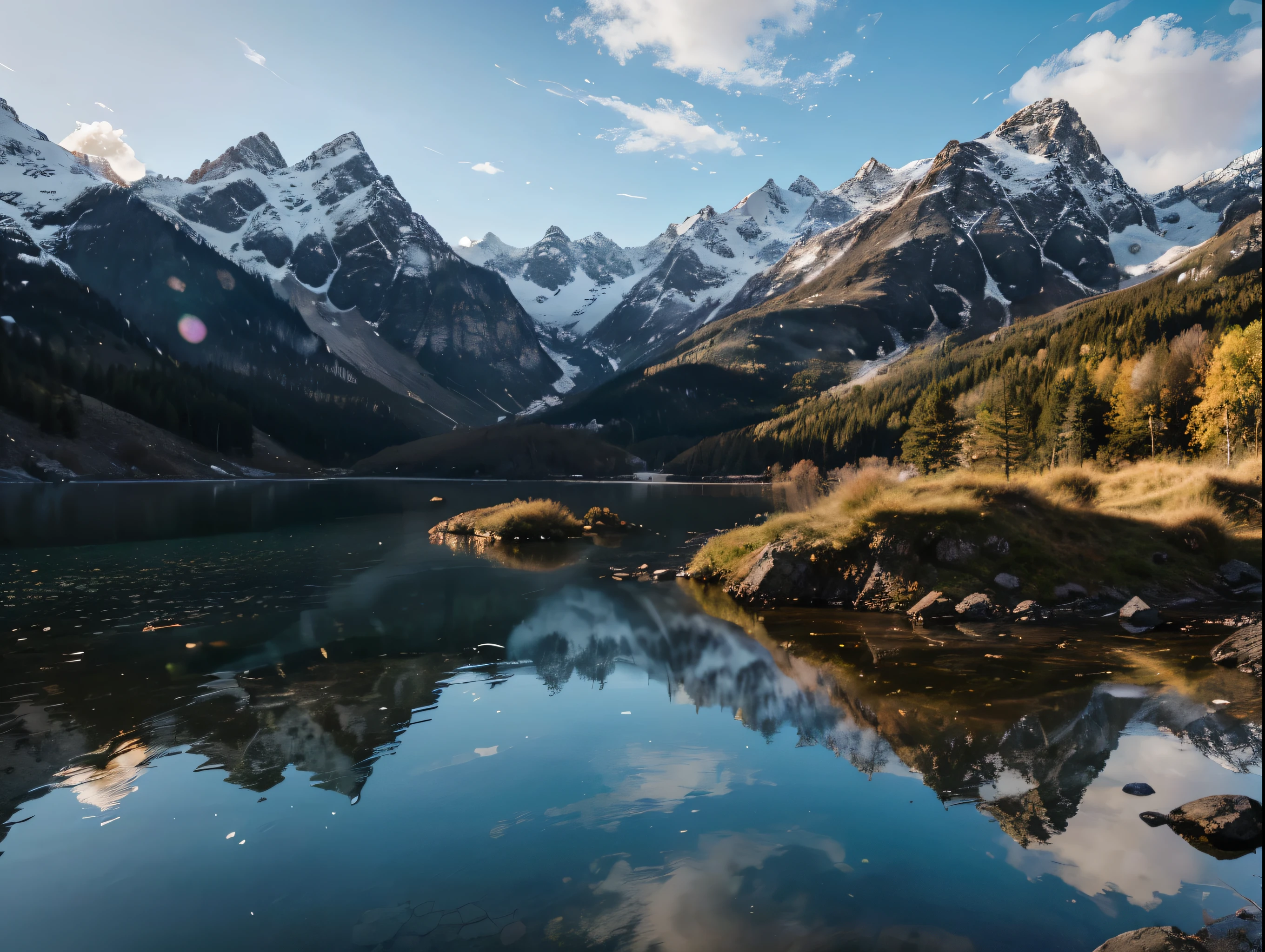 a scenic landscape, beautiful mountains, tranquil lake, lush greenery, dramatic skies, sunlight glimmering on the water, rocky cliffs, snow-capped peaks, reflections on the lake, picturesque countryside, serene and peaceful atmosphere, (best quality,4k,8k,highres,masterpiece:1.2),ultra-detailed,(realistic,photorealistic,photo-realistic:1.37),landscape,natural scenery,vibrant colors,soft lighting,atmospheric,cinematic composition