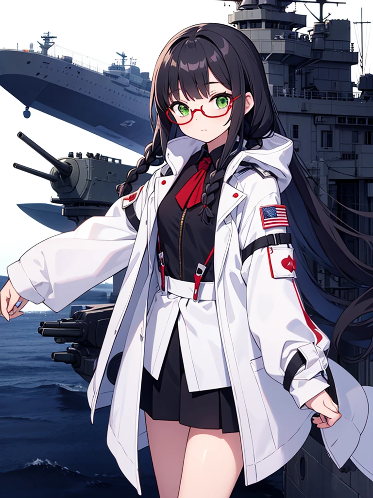 High resolution,woman,Small size,Black Hair,Double Braid Hairstyle,Bang bang,Green Eyes,Red glasses,In formal attire,uniform,White coat,Dark look,warship,ship aircraft carrier, Futuristic, sf, warplane, space, war