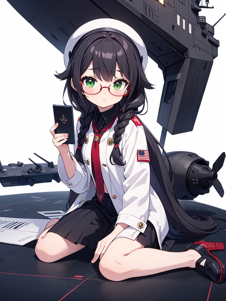 High resolution,woman,Small size,Black Hair,Double Braid Hairstyle,Bang bang,Green Eyes,Red glasses,In formal attire,uniform,White coat,Dark look,warship,ship aircraft carrier, Futuristic, sf, warplane, space, war
