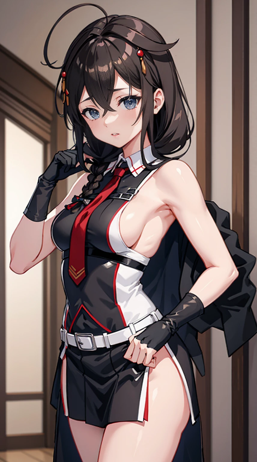 Shigure Kai 3 KanColle Sleeveless Half undressed black jacket Black Thimble Gloves Black Skirt Braid 8K High Resolution Very Fine Eyes Very Fine Face、Insanely detailed body、Extremely fine skin, very elaborate hair ornament, Precisely sculpted body and hand 1 person hotel room