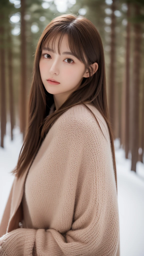 1womanl, up of face, mideum breasts, light brown hair, Blunt bangs, hair behind ear, hair over shoulder, Long hair, slender body shape, Ultra Fine Face, Thin face, Delicate lips, Beautiful eyes, thin blush, eyes are light brown,View here, Ultra-thin hands, Ultra-fine fingers, best ratio four finger and one thumb, (realisitic:1.3), White cloak coat. muffler,Knitted gloves、Coniferous forest with heavy snowfall, One-person viewpoint, Fuji Film, F/1.2, 8K, masutepiece, nffsw, Super Detail, High quality, Best Quality, hight resolution,