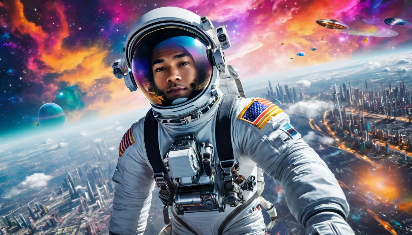 A young male astronaut floating in space against a backdrop of colorful cosmic clouds and a futuristic city skyline
