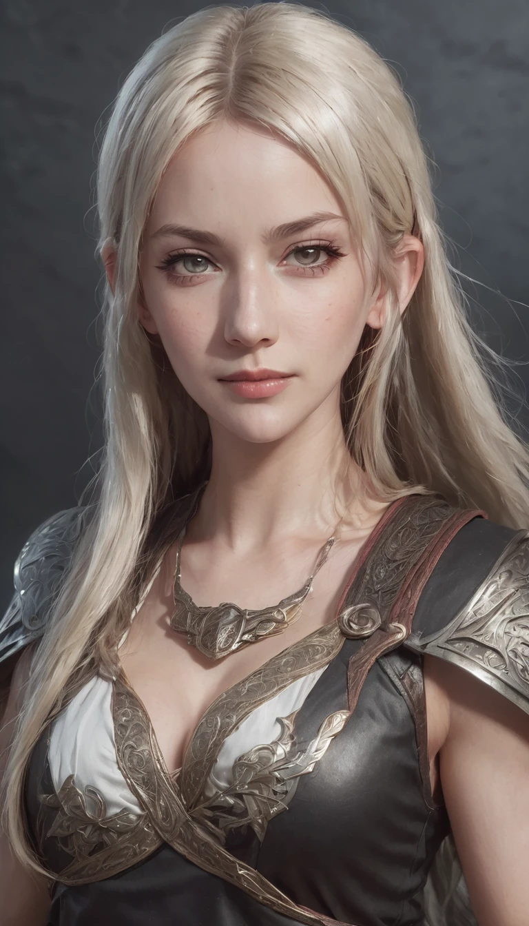 (character portrait for the game Dungeons and dragons), (female 30 years old, spellblade, high charisma), (white skin:0.8, nordic facial features, heavy black makeup, light blue eyes, blond, long, straight hair), (dark fantasy), (heavy platemail armor, gray metallic, cleavage),([dim lights], shadows in the background, red, black, yellow)