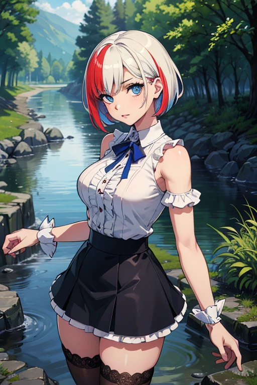 (absurdities, High resolution, ultra detailed),1girl, multicolor fur, short hair, blue eyes, multicolor tight clothing, neckline, breasts, mini skirt with ruffles on the sides, black lace stockings , standing, posing, looking at the viewer, in the river, In the woods,