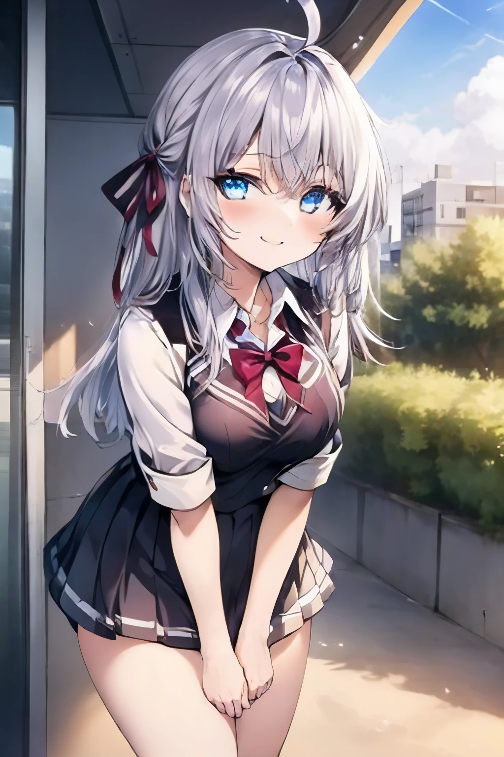 Alisa Mikhailovna Kujou、Silver Hair、Blue Eyes、uniform、Ahoge、Beautiful legs、At 、Small breasts、girl、Small breasts、Bright smile、Looks about 15 years old、Petan Musume、He is short