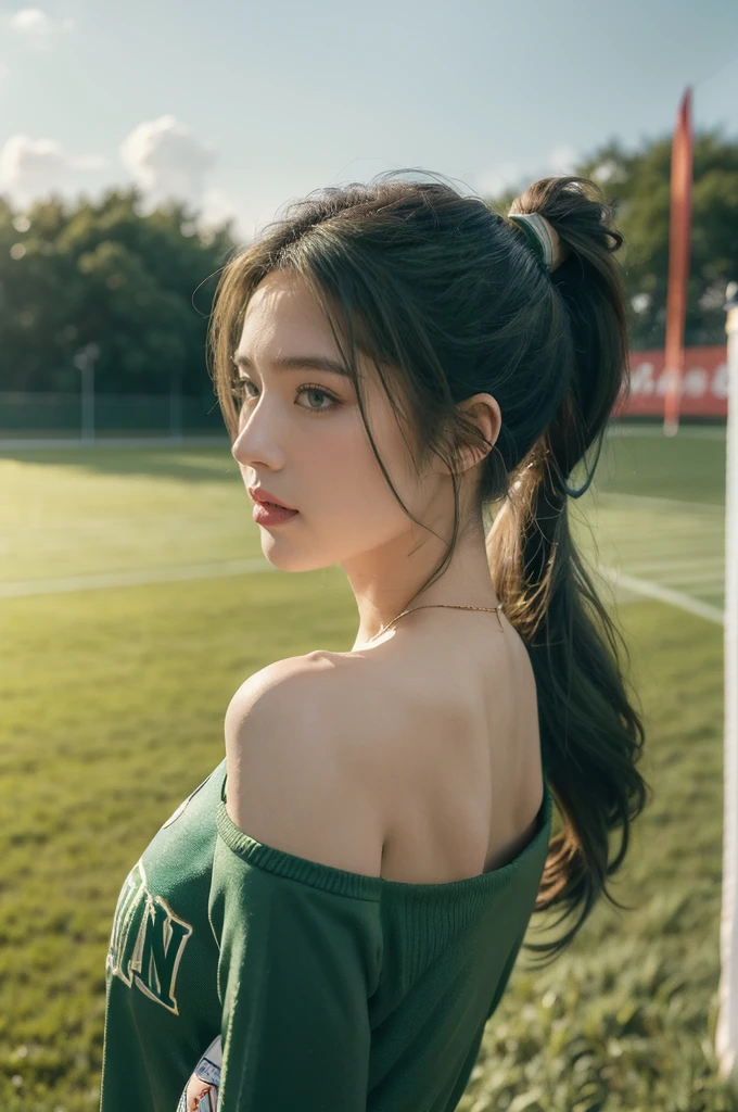 (((best quality))), (((ultra detailed))), (((masterpiece))), illustration,1girl, soccer player, summer night, green football field, short ponytail, England national team football kit, three lions emblem, determined eyes, flushed face, strong body, toned body, dedication to sport, stunning backdrop, deep blue sky, twinkling stars, cool air, grass and moisture scent, well-lit field, lush green grass, empty stands, flags and banners,, focus, joy, love for game, determination, grit, dedication, sacrifice, sports success.