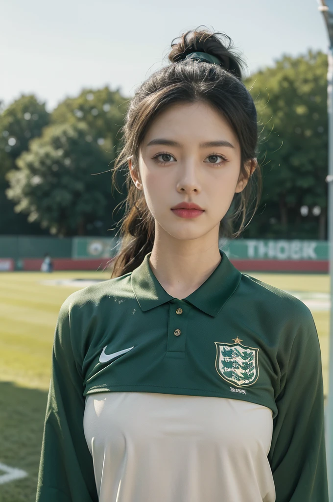 (((best quality))), (((ultra detailed))), (((masterpiece))), illustration,1girl, soccer player, summer night, green football field, short ponytail, England national team football kit, three lions emblem, determined eyes, flushed face, strong body, toned body, dedication to sport, stunning backdrop, deep blue sky, twinkling stars, cool air, grass and moisture scent, well-lit field, lush green grass, empty stands, flags and banners,, focus, joy, love for game, determination, grit, dedication, sacrifice, sports success.