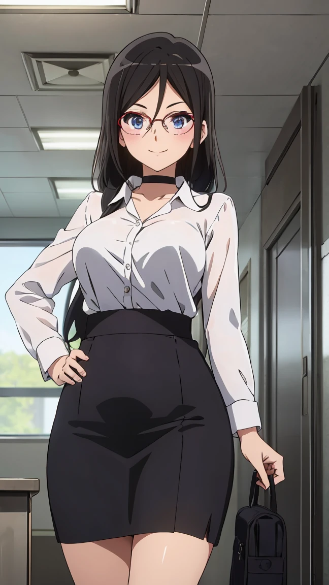 solo, 1girl, looking at viewer, sketch, flat colors, 2D, anime, anime coloring , asuka tanaka, large breast, long hair, black hair , mature woman, 20y, purple eyes, beautiful eyes, detailed eyes, thick_thighs, shirt, skirt, pencil skirt, office, office lady, short skirt, blush, smile, choker,