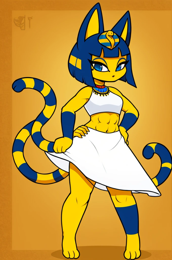 a sexy barefoot ankha with abs and a bare midriff wearing a crop top white dress with long white dress skirt, yellow cat, digital art, cat tail, digital art, blue eyes, furry style, smling