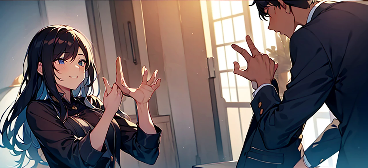 A woman and a man gesturing love